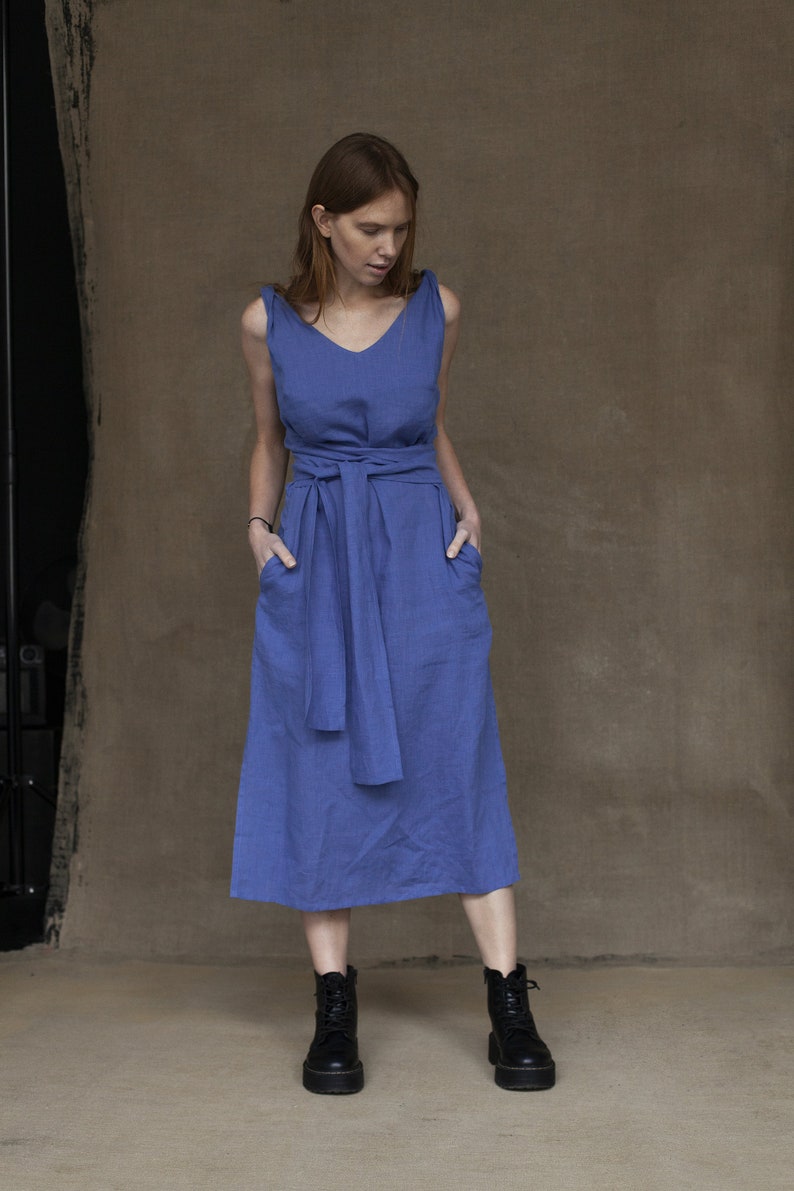 Linen dress with twisted straps, Linen Dress with sash and pockets image 1