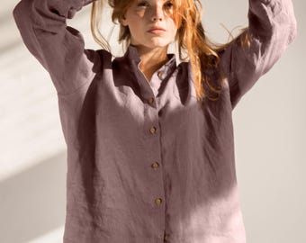 Oversized Linen Shirt: Relaxed Fit Long Sleeve Button-Up Blouse