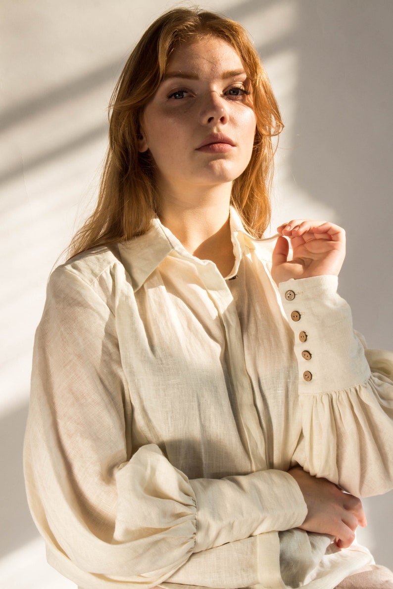 LINEN VICTORIAN blouse with puffy sleeves, linen blouse button up, Linen collar shirt image 1