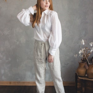 High waisted LINEN PANTS waistband elastic image 3