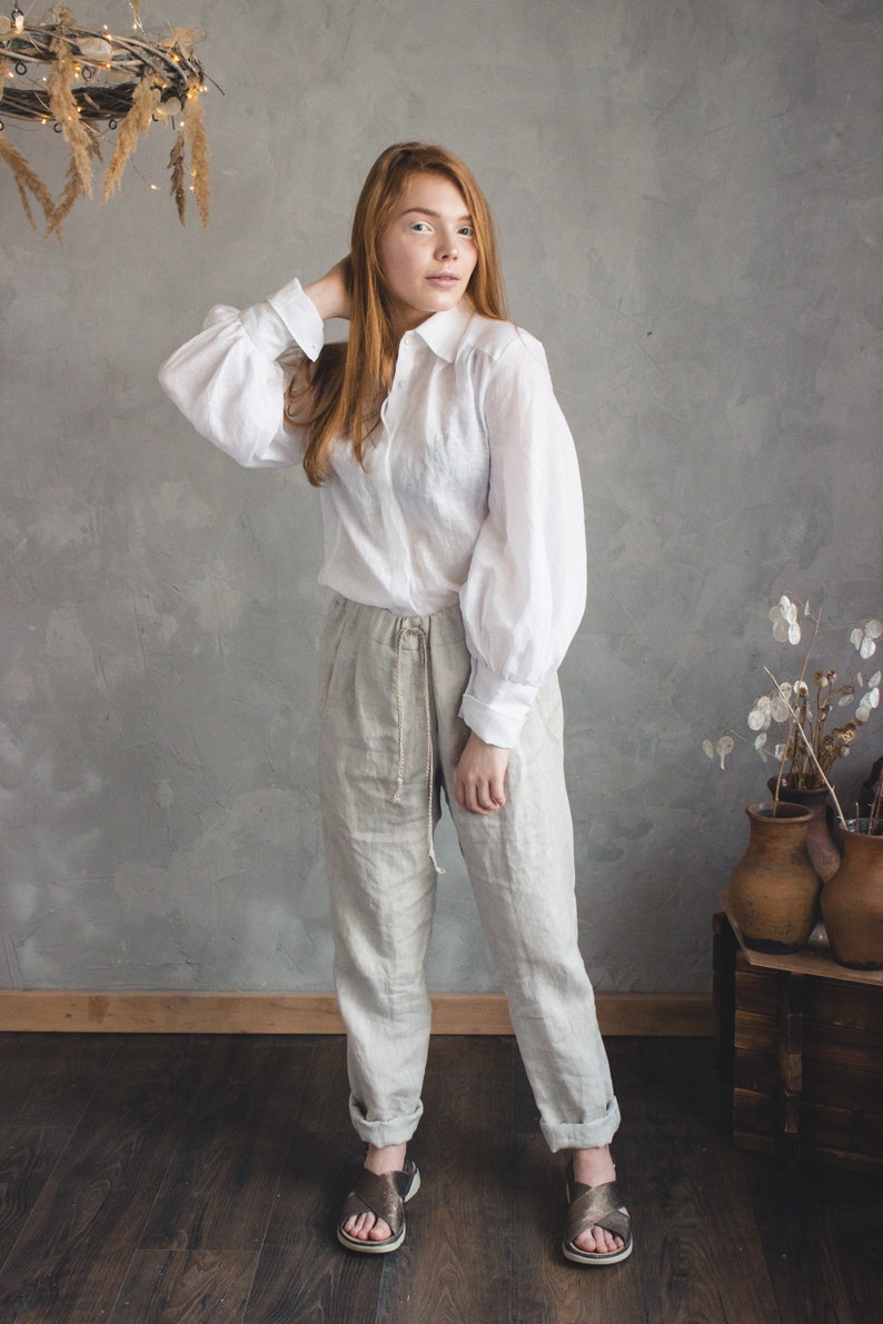 High waisted LINEN PANTS waistband elastic image 3