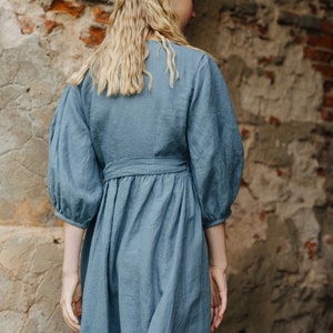 Linen Wrap Dress ERENA, Ruffle Linen Dress with Pockets, Balloon Sleeves Dress image 9