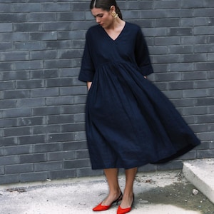 Linen Smock Dress, A-Line Casual Midi Dress with Pockets, Loose Fit, Minimalist Summer Outfit, Linen Vacation Dress, Relaxed Weekend Look