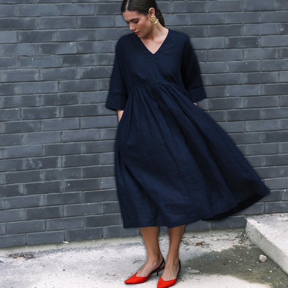 sachin and babi light blue dress Linen Smock Dress, A-line Casual Midi Dress With Pockets, Loose Fit,  Minimalist Summer Outfit, Linen Vacation Dress, Relaxed Weekend Look