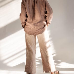 Ready to Ship Natural Undyed Linen Pants – Size L, High Waist Loose Fit Pants for Women with Pockets, Neutral Summer Outfit
