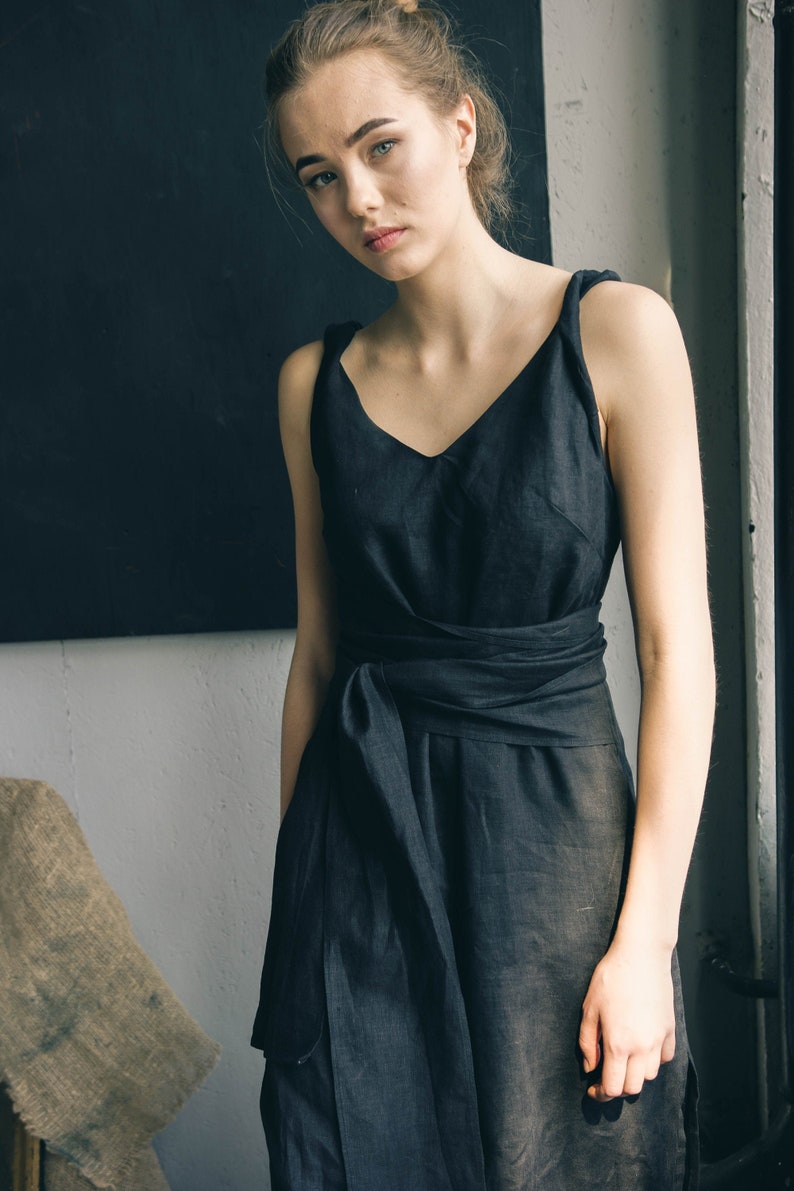 BLACK LINEN DRESS with pockets maxi black boho dress image 1
