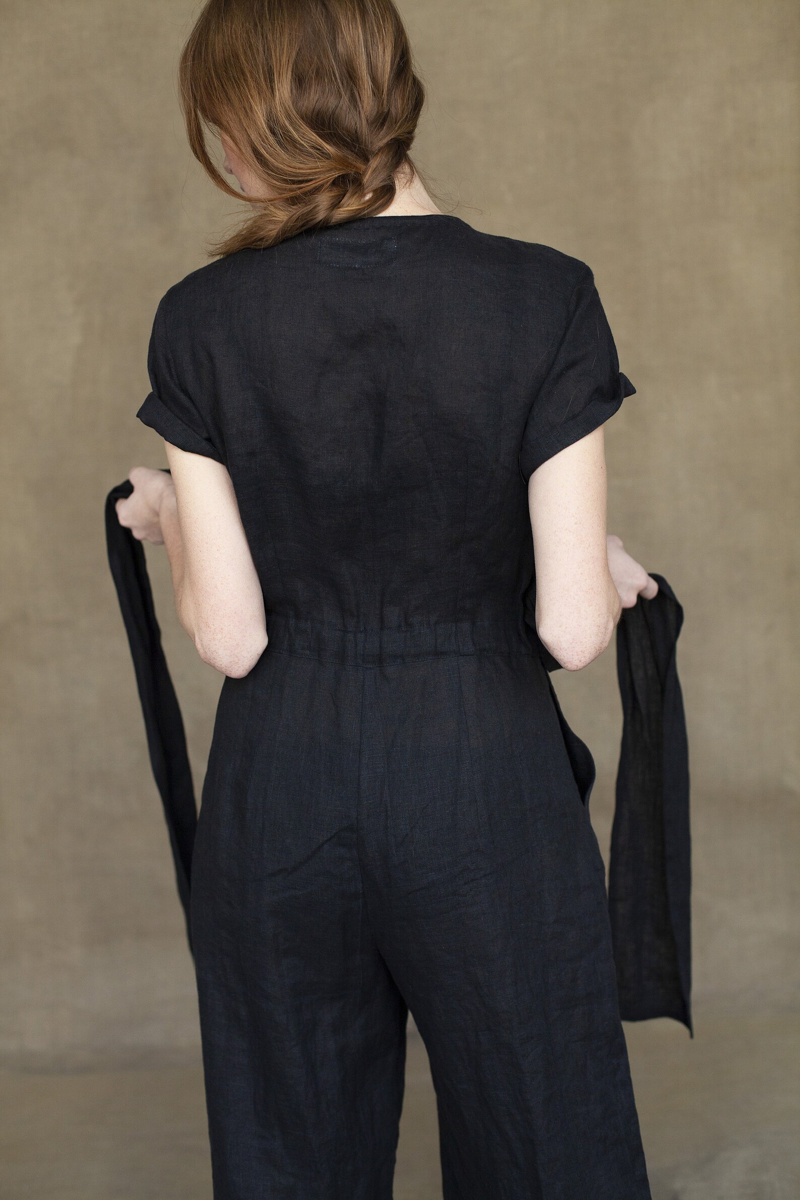 BLACK LINEN JUMPSUIT Wrap Linen Jumpsuit With Belt Wide Leg - Etsy
