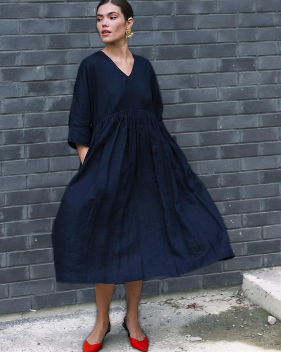 dark blue smock dress Women's Drop Waist Blue Denim Midi dress