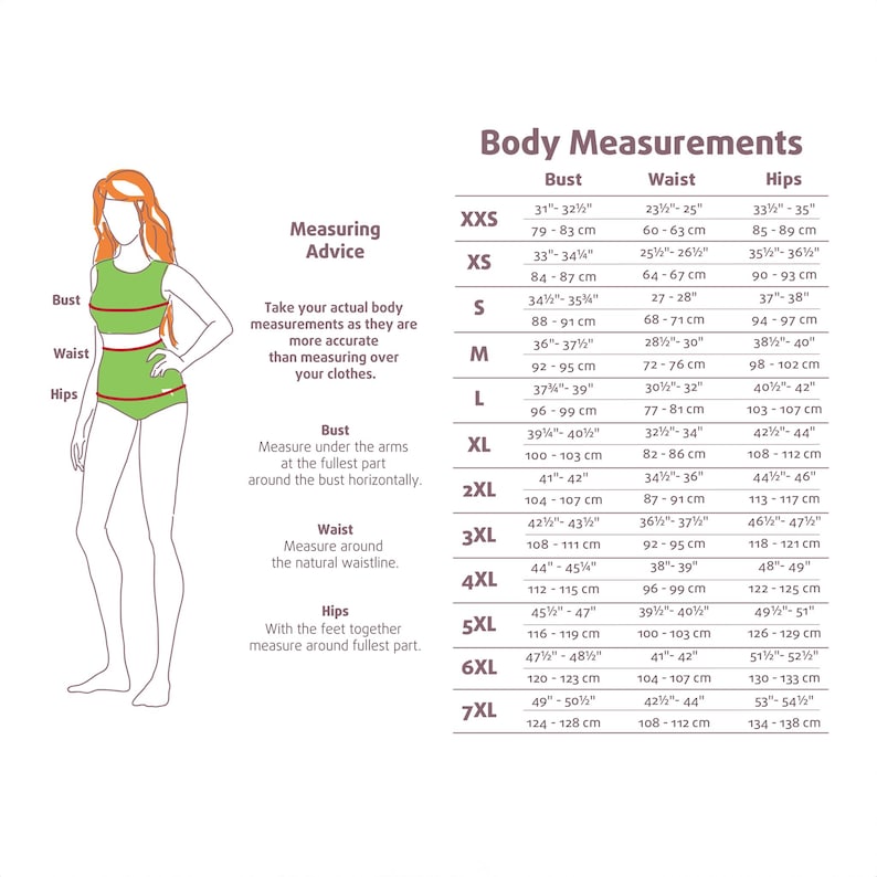 a women's size guide for body measurements