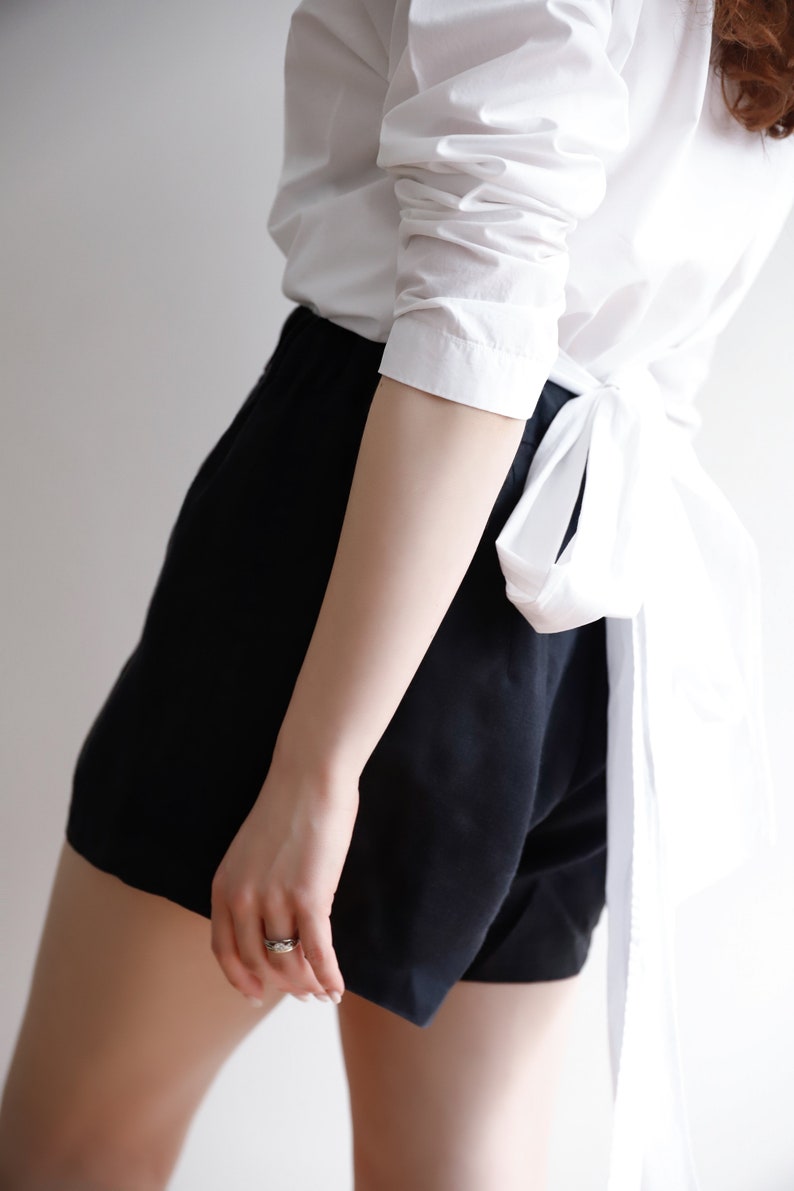 Tuman High Waisted Shorts, Black Linen Shorts for Women, Wide Leg Shorts image 9