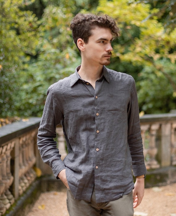 LINEN SHIRT MEN with long sleeves Button down mens linen shirt gray linen shirt for men linen clothing men shirt
