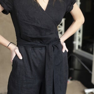 LINEN JUMPSUIT with belt, Wrap Linen Jumpsuit, Wide Leg Linen Jumpsuit image 3