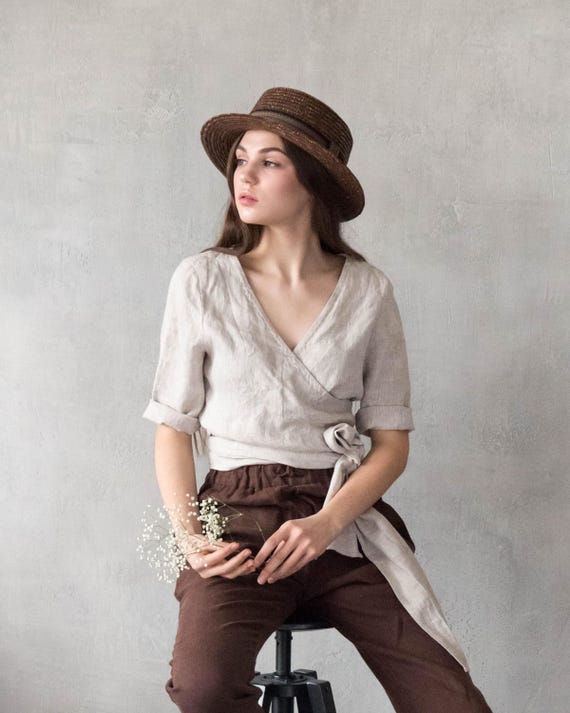 Minimalist Linen Wrap Blouse for Women, Natural V-Neck Summer Top, Tie Waist Shirt for Elegant Casual Outfit