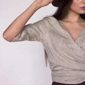 Close-up of a natural undyed linen wrap blouse showcasing the texture of the fabric, soft pleating, and visible hand-stitching detail along the neckline. Features a deep V-neck, relaxed fit, and rolled sleeves. Ships fast from the USA.