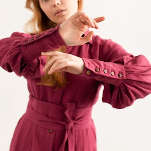Ready to Ship Romantic Linen Dress with Puff Sleeves, Belted Button-Up Midi Dress, Cottagecore Dress for Afternoon Tea, Garden Party Outfit