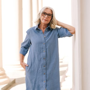 Ready to Ship IVORY Linen Midi Shirt Dress with Pockets Size 3XL, Long Linen Button-Up Shirt Dress