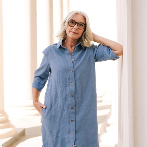 midi shirt dress with pockets Black Linen Midi Shirt Dress: Organic Linen Belted Tunic
