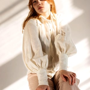 Ready to Ship Victorian Linen Blouse, Romantic Puff Sleeve Shirt, Edwardian Button-Up Top, Cottagecore Poet Blouse, Garden Party Outfit