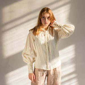LINEN VICTORIAN blouse with puffy sleeves, linen blouse button up, Linen collar shirt image 4