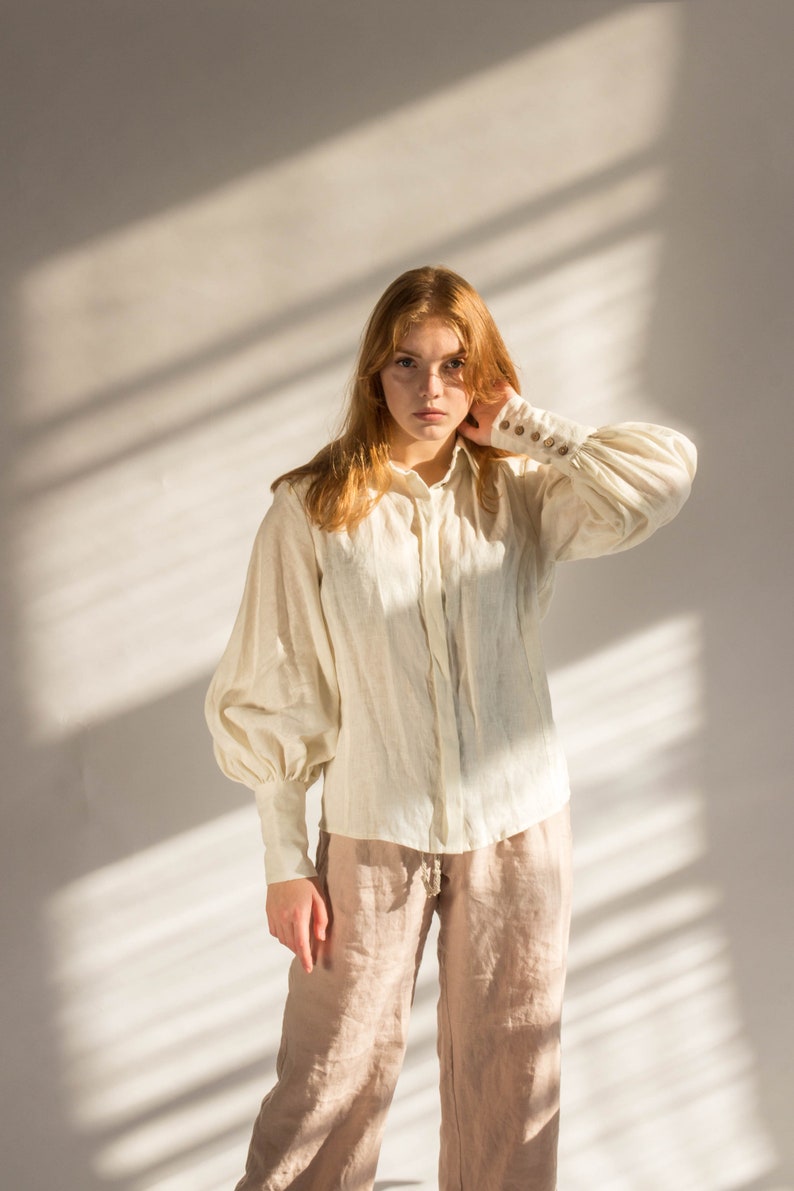 LINEN VICTORIAN blouse with puffy sleeves, linen blouse button up, Linen collar shirt image 4