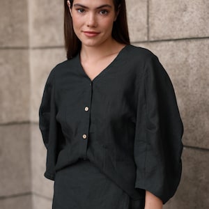 Oversized Balloon Sleeve Linen Blouse: Relaxed Fit Organic Top