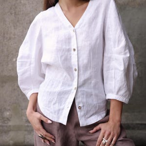 Ready to Ship Balloon Sleeve Linen Blouse, Oversized Linen Top with Sculpted Sleeves, Puff Sleeve Blouse with Cocoon Back