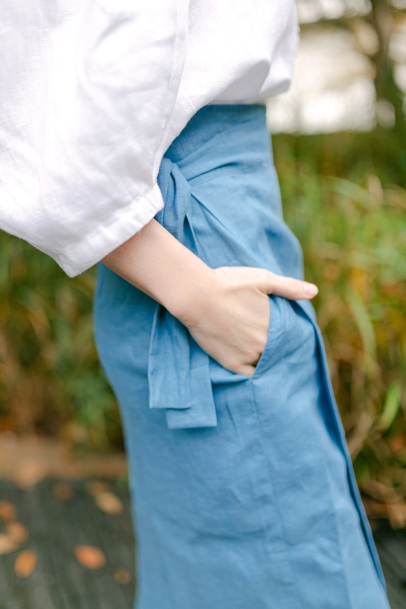 Jupe portefeuille en lin, jupe longue avec poches, jupe crayon taille haute, jupe longue grande taille Élégante et naturelle image 5