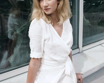 White Linen Wrap Dress, Ready to Ship Boho Summer Dress, Wedding Guest Dress with Sleeves, Minimalist Garden Party Dress