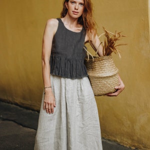 LINEN CULOTTES MARISA, Wide Leg Pants with Pockets, High Waisted Pants, Plus Size Linen Trousers, image 2