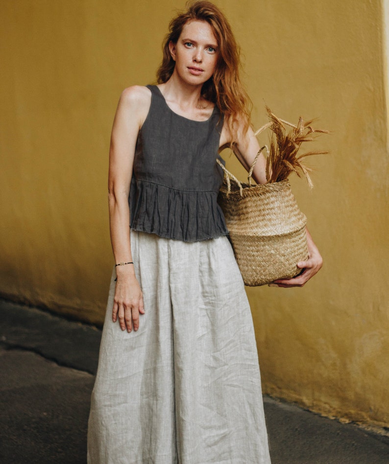 LINEN CULOTTES MARISA, Wide Leg Pants with Pockets, High Waisted Pants, Plus Size Linen Trousers, image 2