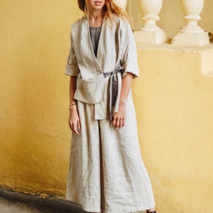 LINEN CULOTTES MARISA, Wide Leg Pants with Pockets, High Waisted Pants, Plus Size Linen Trousers, image 10