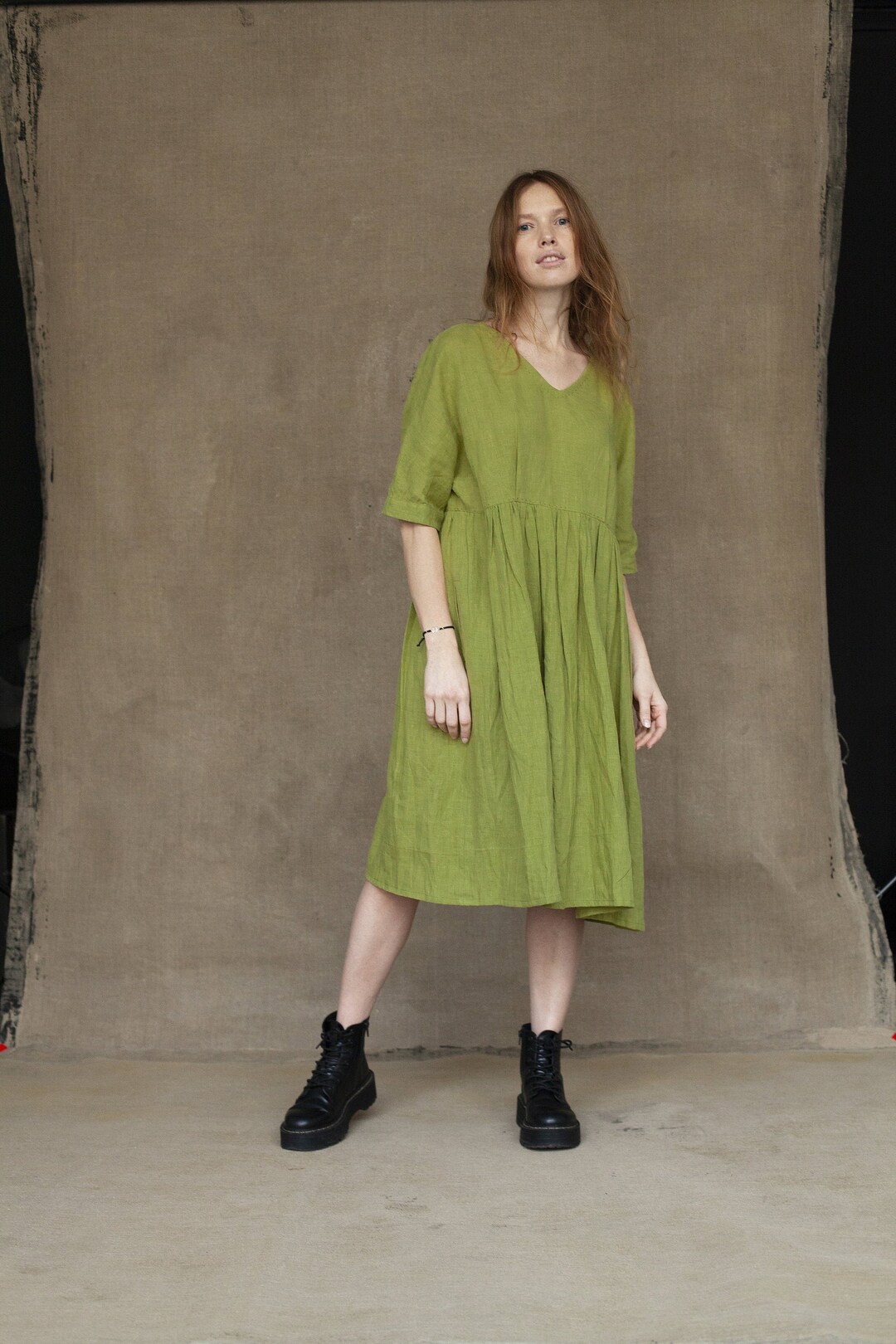 Smock LINEN DRESS GELENA, Oversized Linen Dress With Pockets, Ruffle ...