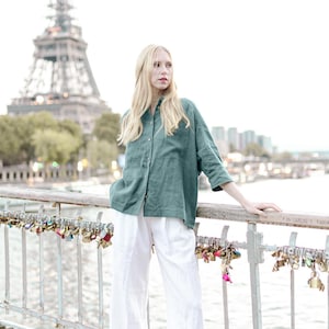 Ready to Ship Oversized Button Down Linen Shirt for women, Drop Shoulder Linen Shirt with Pockets, Linen Blouse