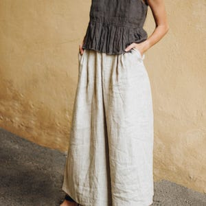LINEN CULOTTES MARISA, Wide Leg Pants with Pockets, High Waisted Pants, Plus Size Linen Trousers, Ready to Ship