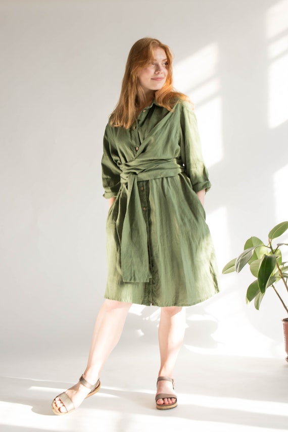 Sleeves and Pockets Linen Wrap Dress ...