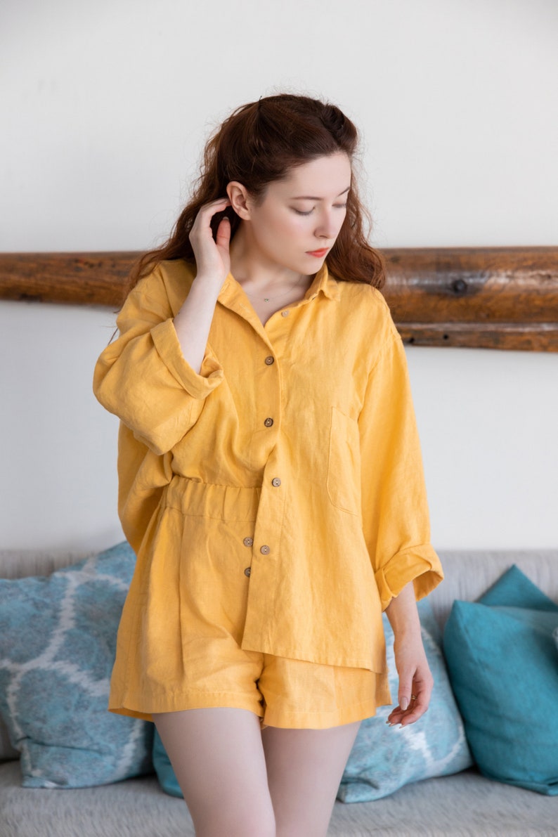 Linen Yellow Bridesmaid Pjs, Linen Sleepwear Two Piece Set, Pajama Set Women image 2