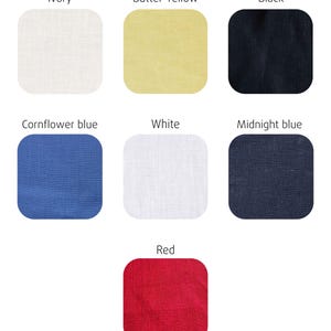 Puede incluir: Una paleta de colores con muestras de tela en marfil, amarillo mantequilla, negro, azul aciano, blanco, azul medianoche y rojo. Cada muestra est&aacute; etiquetada con su nombre de color.