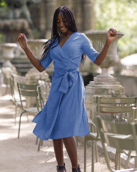 Linen Wrap Dress with Pockets: Elegant Organic Midi Dress Linen Wrap Dress with Pockets: Elegant Organic Midi Dress
