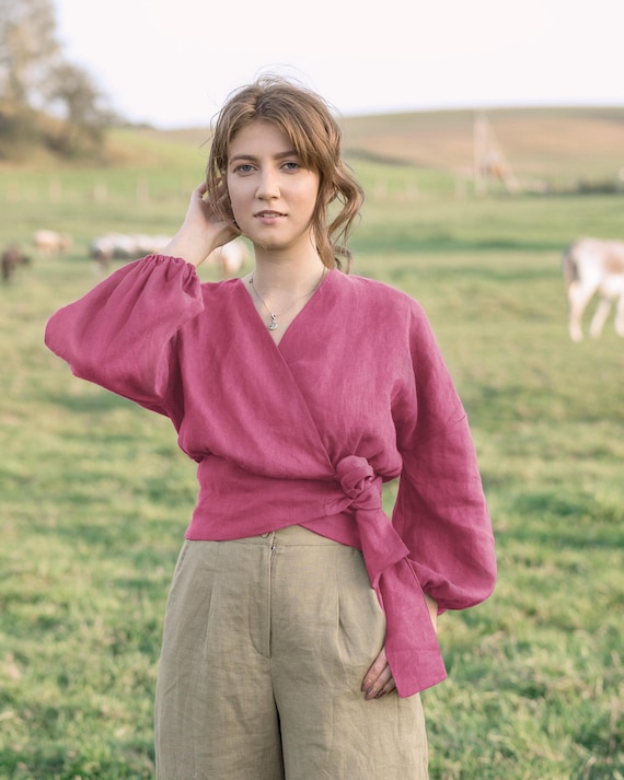 Puff Sleeves Linen Wrap Top ZUZANNA, Long Sleeve Tie Front Top, Ready to Ship