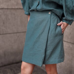 Linen Mini Skirt, Wrap Linen Skirt with Pockets, Casual Summer Skirt for Women, High Waisted Linen Skirt Plus Size image 8
