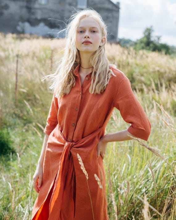 Linen Shirt Dress, Midi Travel Dress for Europe Vacation, Casual