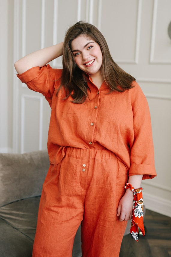 vriendelijke groet betaling uitsterven Linnen pyjama set met zakken linnen pak set grote maten - Etsy Nederland