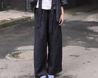 Wide Leg Linen Pants: High Waisted Pleated Trousers with Pockets