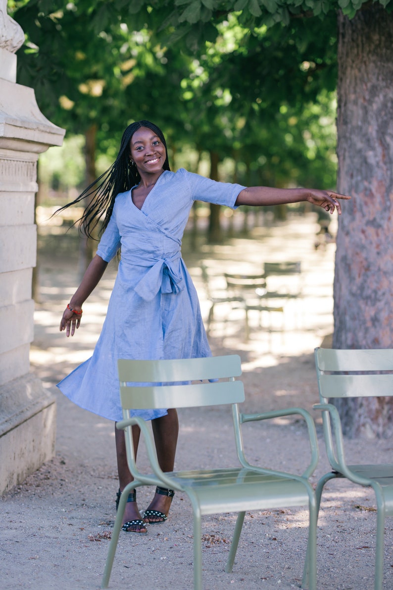 LINEN DRESS short sleeve linen wrap dress image 3