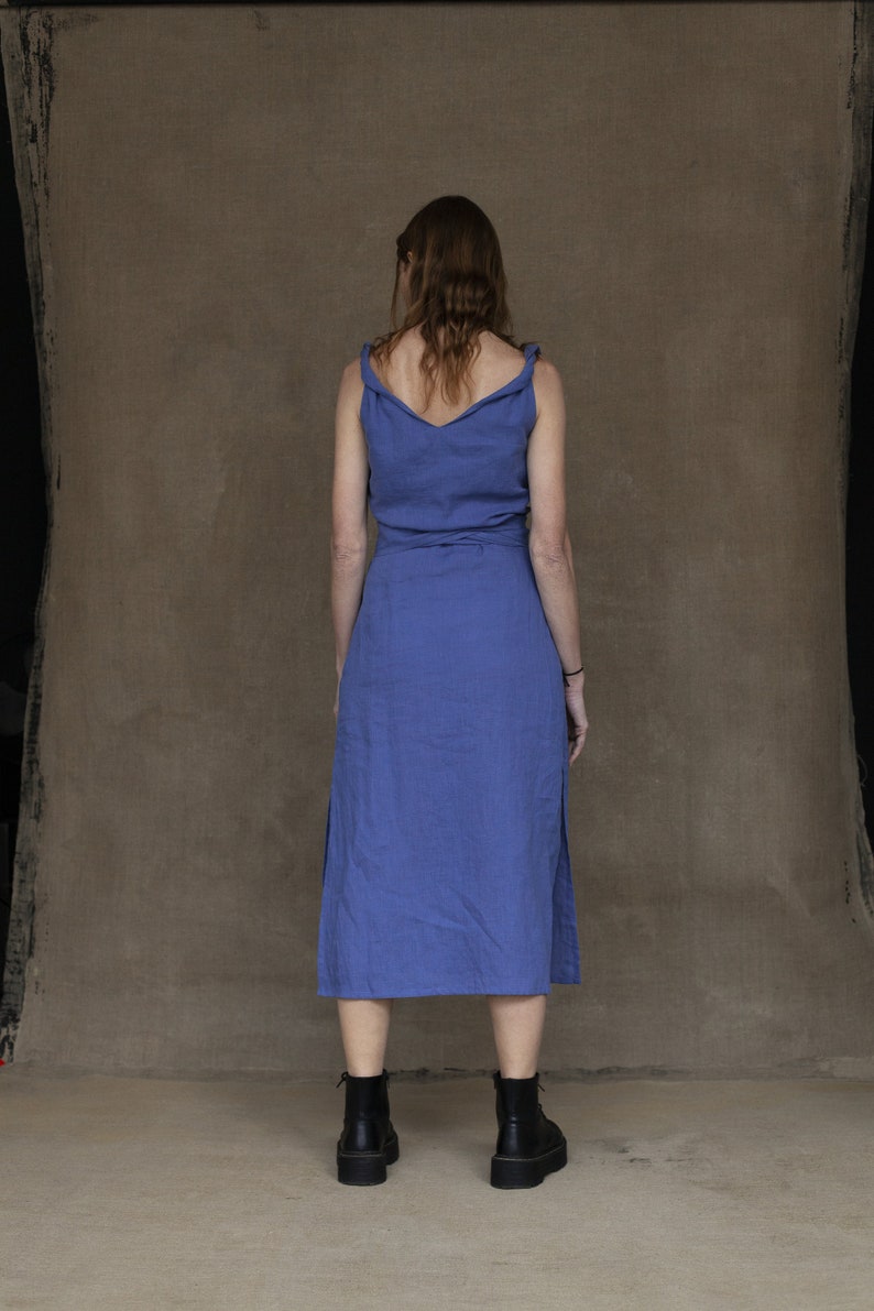 Linen dress with twisted straps, Linen Dress with sash and pockets image 4