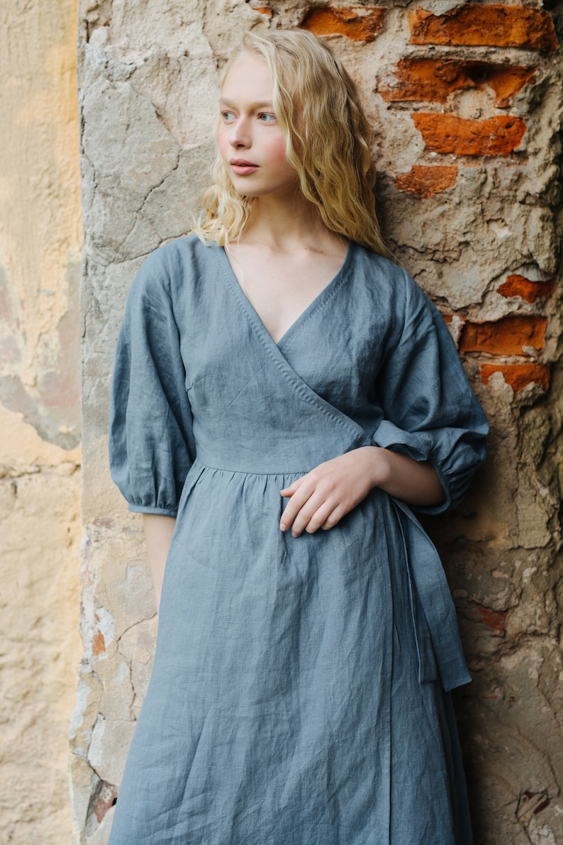 Linen Wrap Dress ERENA, Ruffle Linen Dress with Pockets, Balloon Sleeves Dress image 3