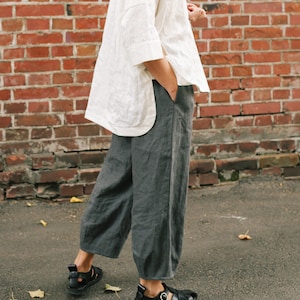 Barrel Linen Pants for Women, Cropped Wide Leg Summer Pants, High Waist Elastic Waistband, Relaxed Fit Linen Travel Pants, Ready to Ship