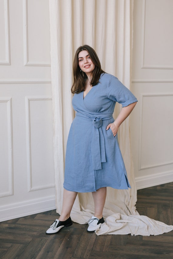 Midi Wrap Front Tie Linen Dress EMILY 