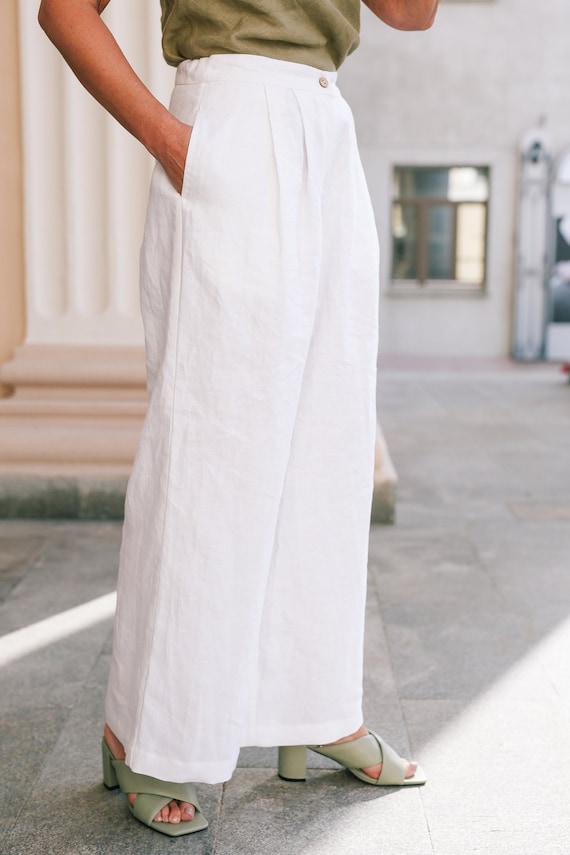 WHITE LINEN PANTS, Wide Leg Pants With Pockets, Pleated Linen