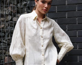 Ready to Ship White Linen Blouse, Tailored Button-Up Shirt with Puffy Sleeves, Elegant Work Blouse, Classic Shirt for Summer Office Outfit